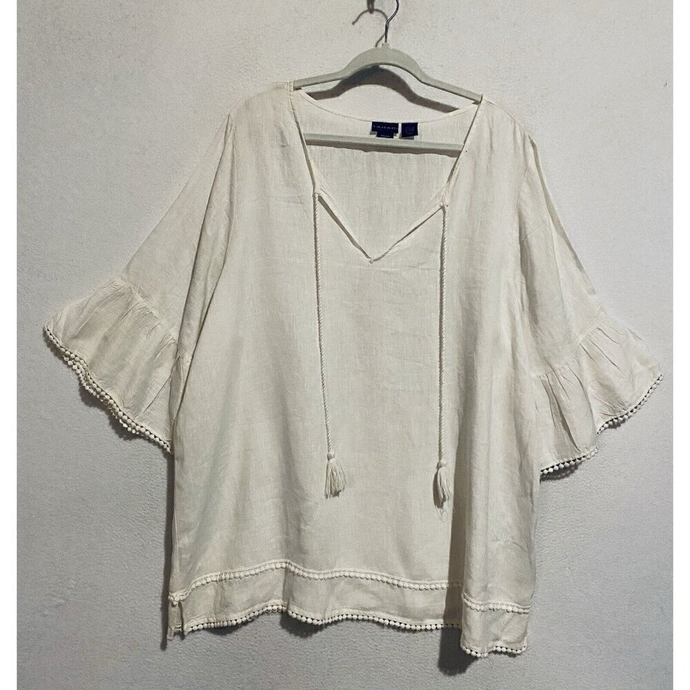 Tahari Top Womens 2X Ivory White Boho Ruffle Bell Sleeve Crochet Trim Tasseled